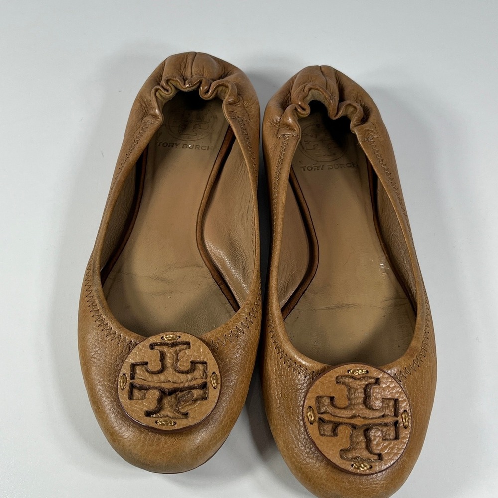 TORY BURCH Reva Travel Ballet Flats Womens 7 Brown Leather Slip On Designer